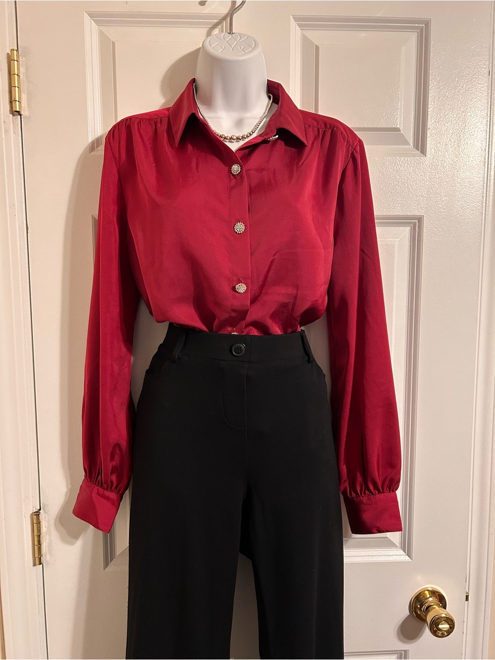 Express Red Satin Button-Down Blouse with Jeweled Buttons